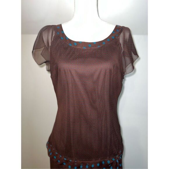 Y2K Brown & Teal Drop Waist Maxi-Midi Chiffon Dress 12 - Picture 1 of 10